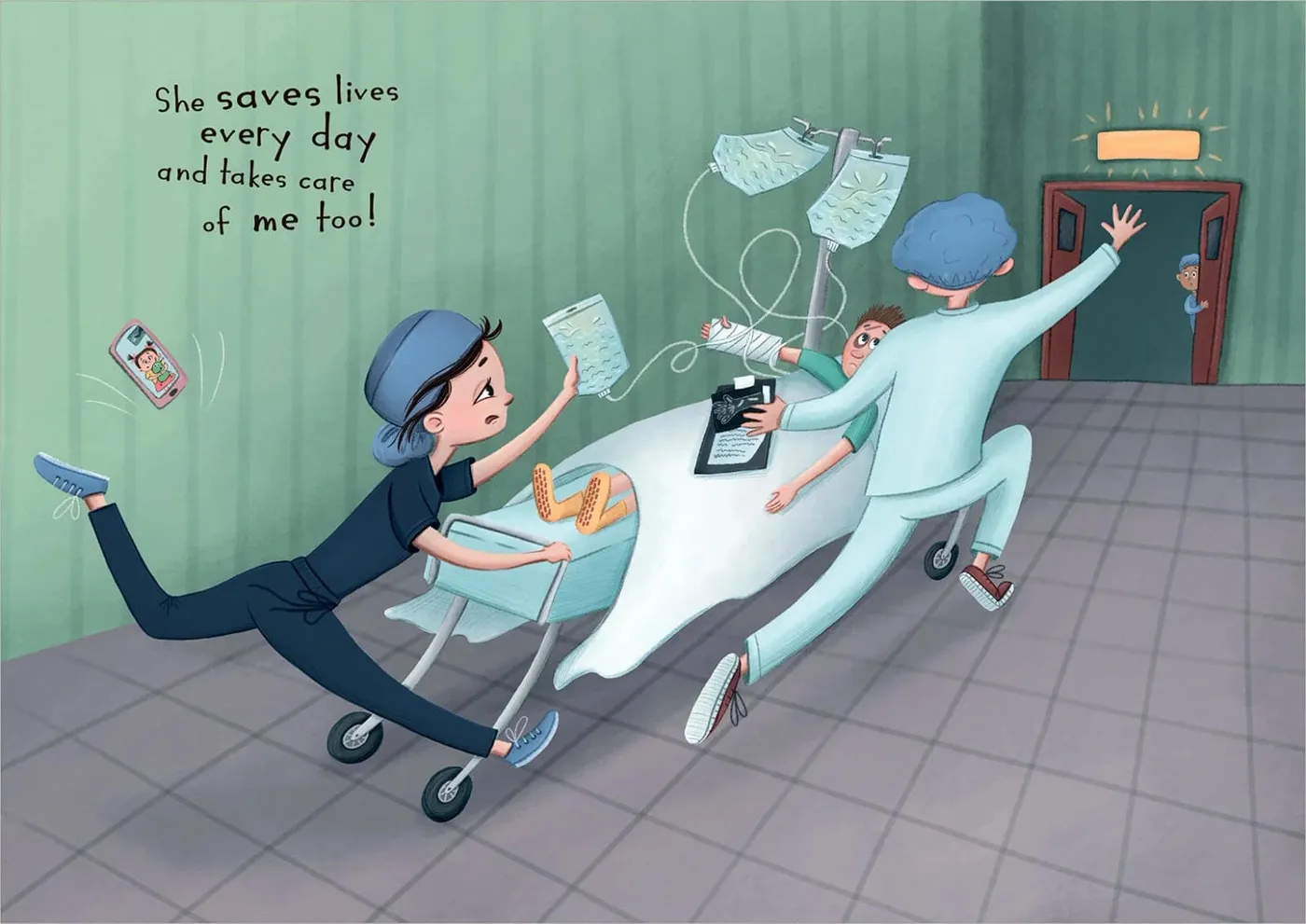 Interior spread from Is Mommy a Doctor or Superhero? — Doctor Mommy races a gurney down the hospital corridor