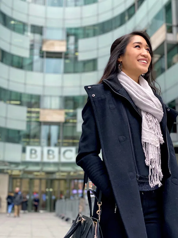 Amy Faith Ho outside BBC Broadcasting House in London